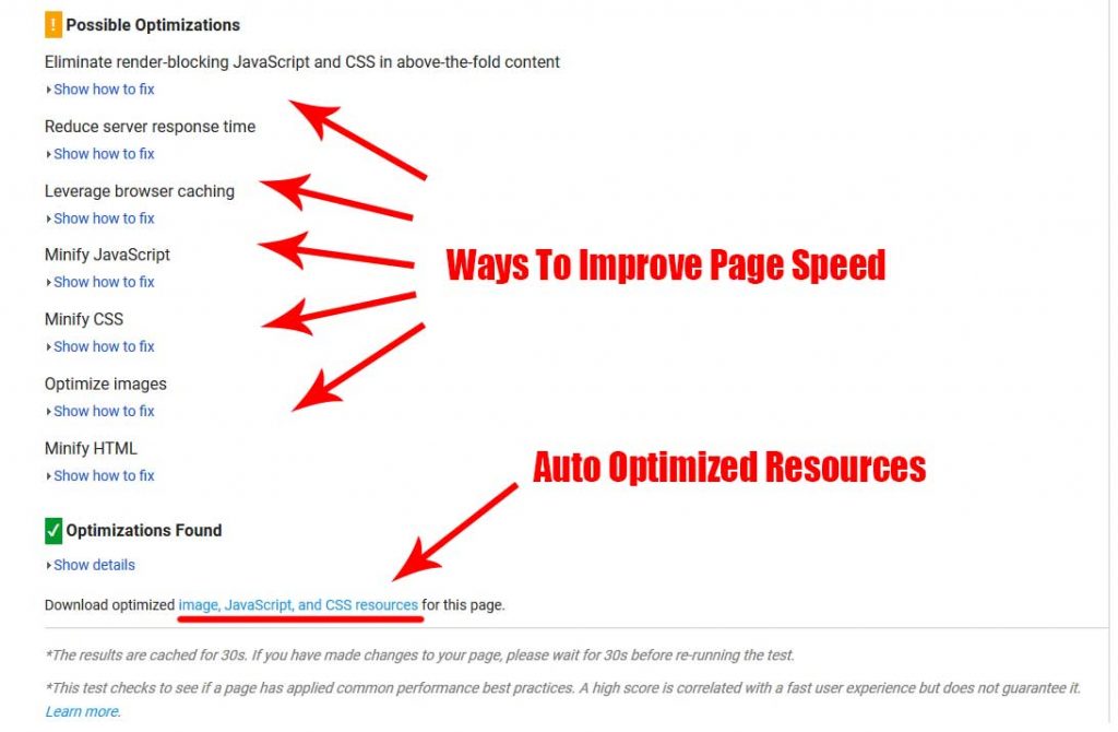 How to find auto optomized content and suggestions in page speed insights