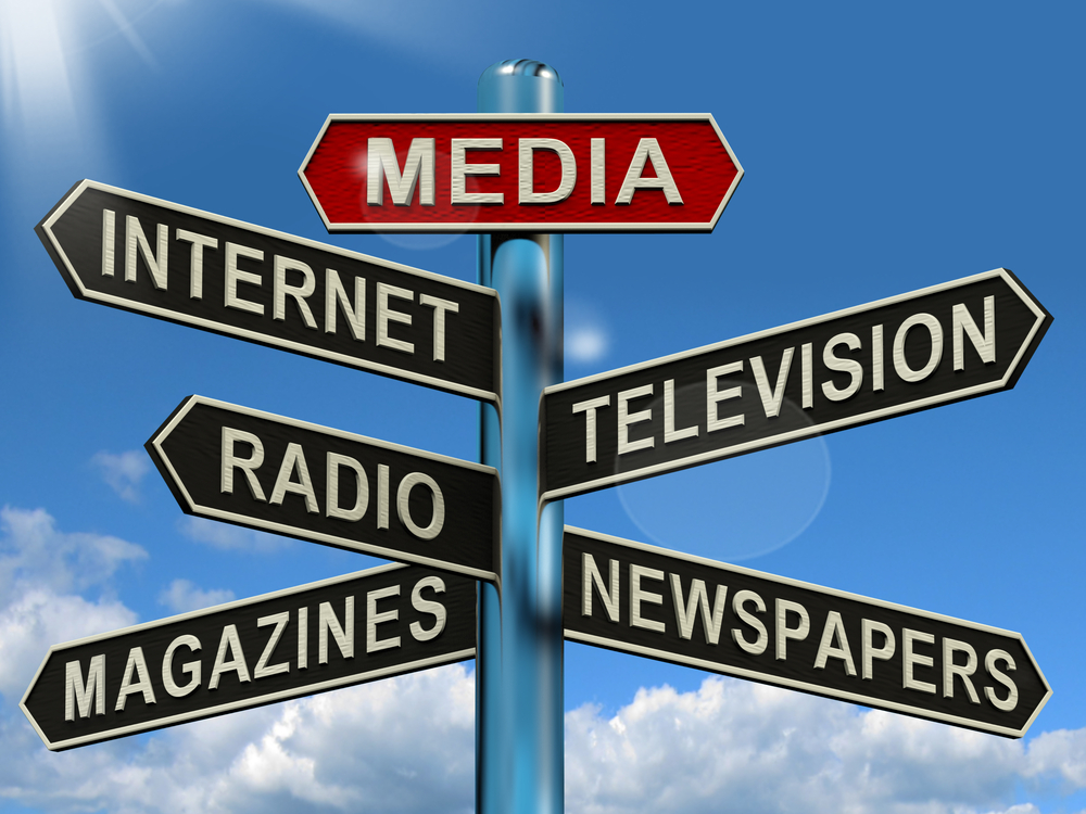 media signpost shows internet television newspapers magazines and radio