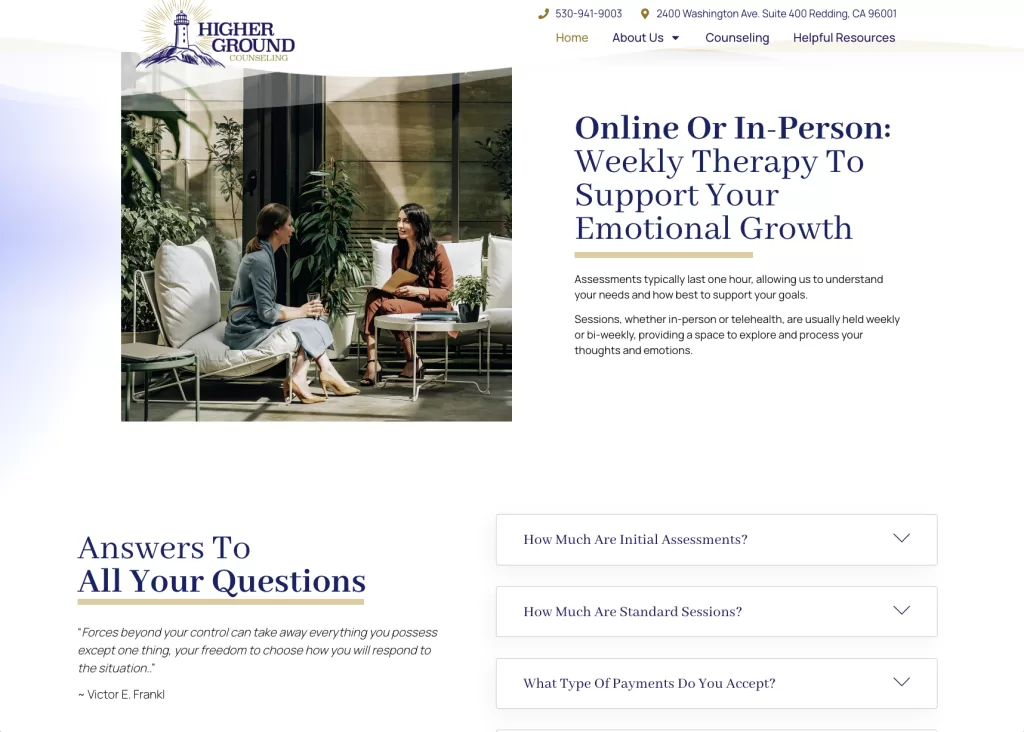 Higher Ground counseling california logo and website design